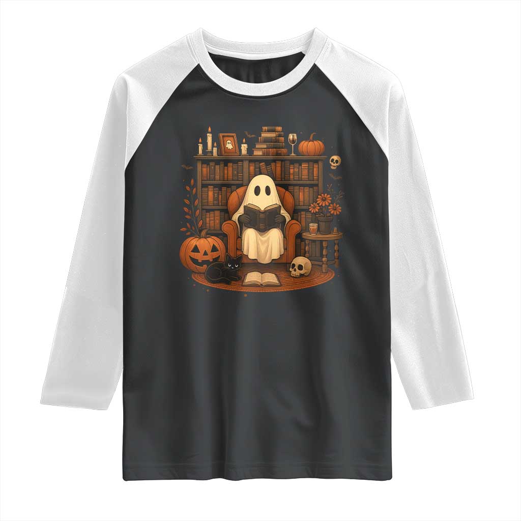 Halloween Book Lover Raglan Shirt Spooky Ghost Reading Book Librarians Bookworm - Wonder Print Shop