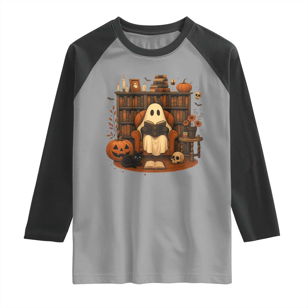 Halloween Book Lover Raglan Shirt Spooky Ghost Reading Book Librarians Bookworm - Wonder Print Shop