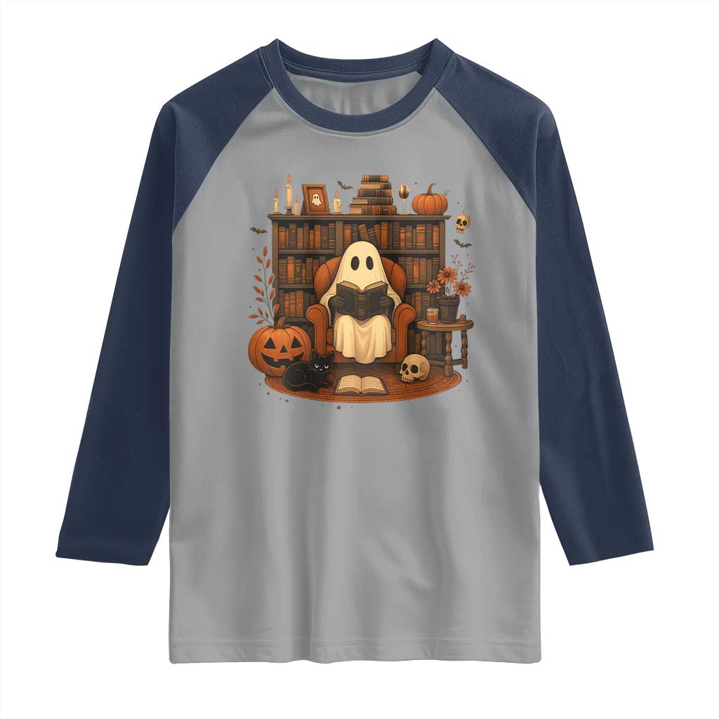 Halloween Book Lover Raglan Shirt Spooky Ghost Reading Book Librarians Bookworm - Wonder Print Shop