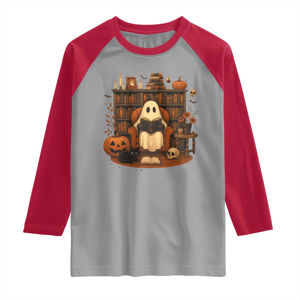 Halloween Book Lover Raglan Shirt Spooky Ghost Reading Book Librarians Bookworm - Wonder Print Shop