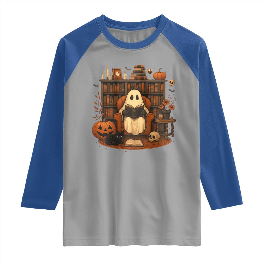 Halloween Book Lover Raglan Shirt Spooky Ghost Reading Book Librarians Bookworm - Wonder Print Shop