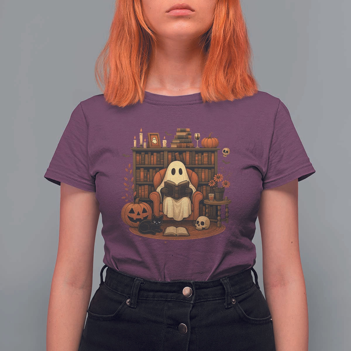 Halloween Book Lover T Shirt For Women Spooky Ghost Reading Book Librarians Bookworm - Wonder Print Shop