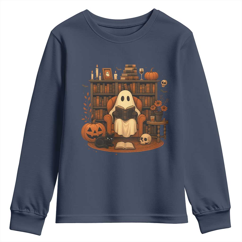 Halloween Book Lover Youth Sweatshirt Spooky Ghost Reading Book Librarians Bookworm - Wonder Print Shop