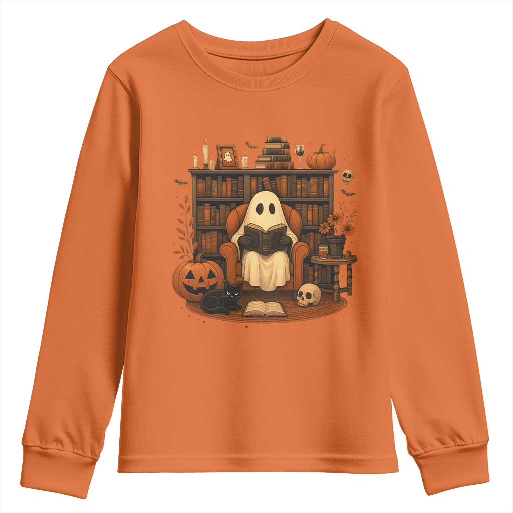 Halloween Book Lover Youth Sweatshirt Spooky Ghost Reading Book Librarians Bookworm - Wonder Print Shop
