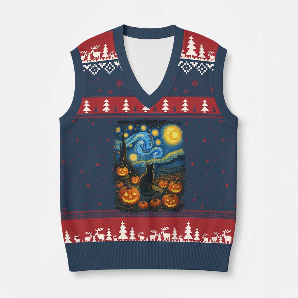 Halloween Cat Starry Night Van Gogh Cat Lovers V-Neck Knit Sweater Vest - Wonder Print Shop