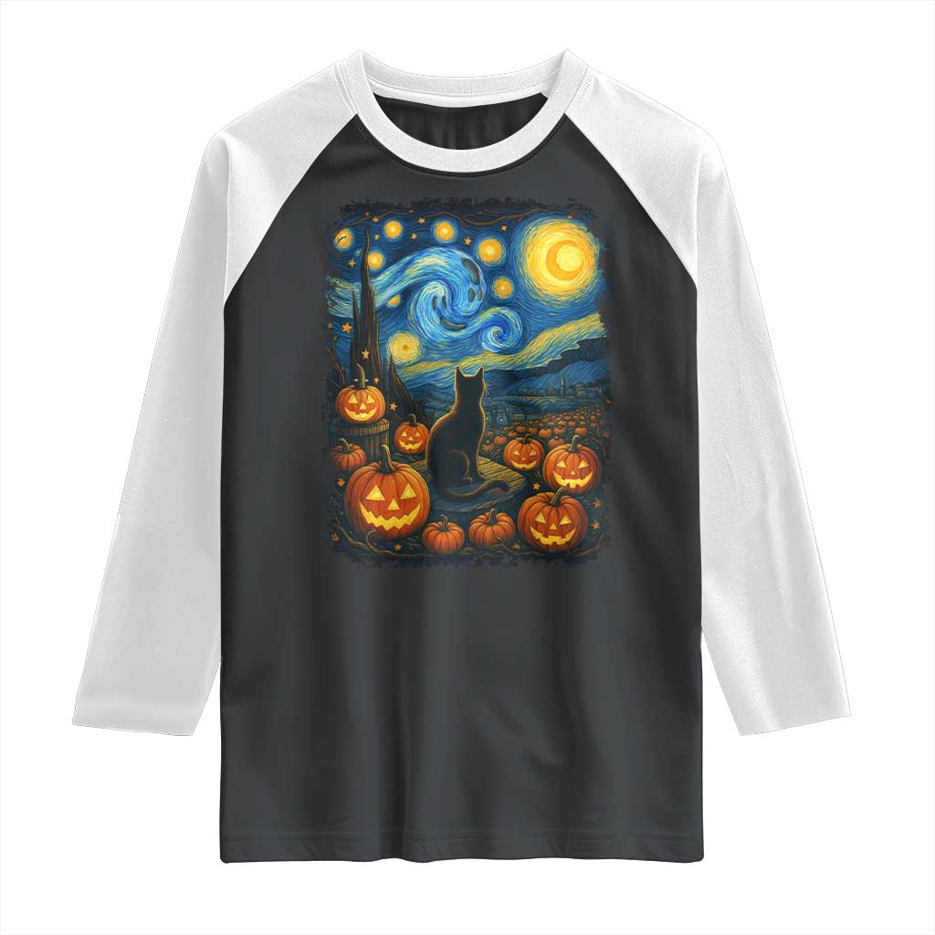 Halloween Cat Starry Night Van Gogh Cat Lovers Raglan Shirt - Wonder Print Shop