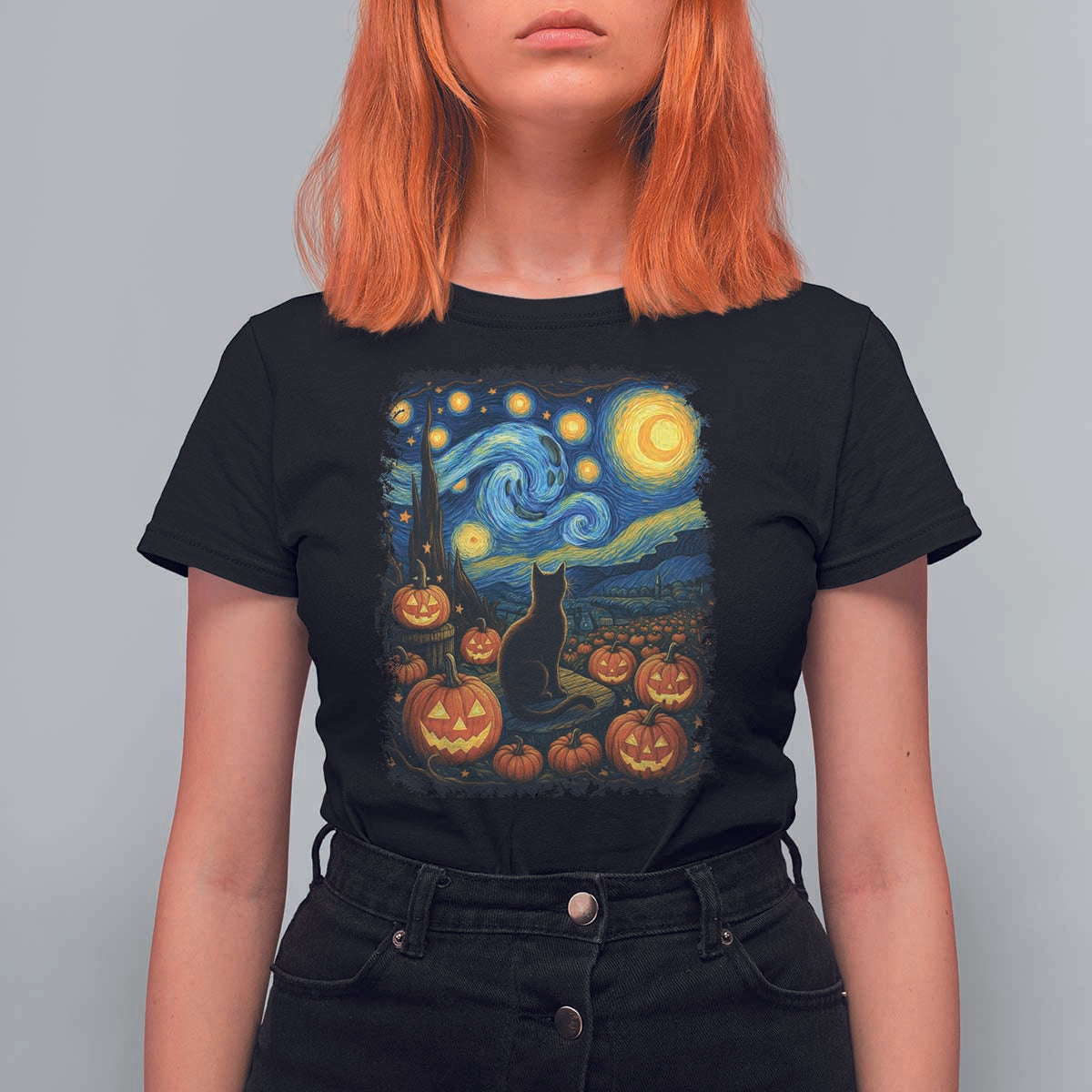 Halloween Cat Starry Night Van Gogh Cat Lovers T Shirt For Women - Wonder Print Shop