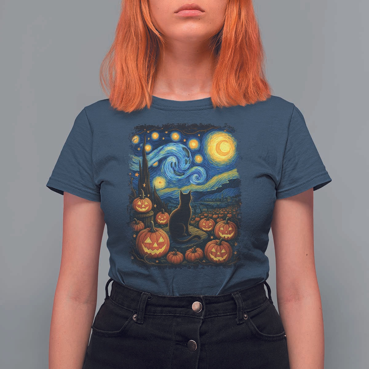 Halloween Cat Starry Night Van Gogh Cat Lovers T Shirt For Women - Wonder Print Shop