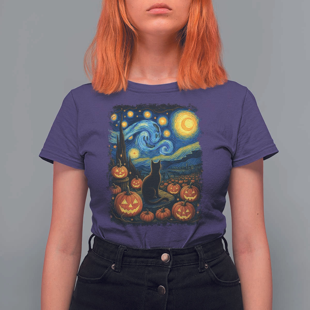 Halloween Cat Starry Night Van Gogh Cat Lovers T Shirt For Women - Wonder Print Shop