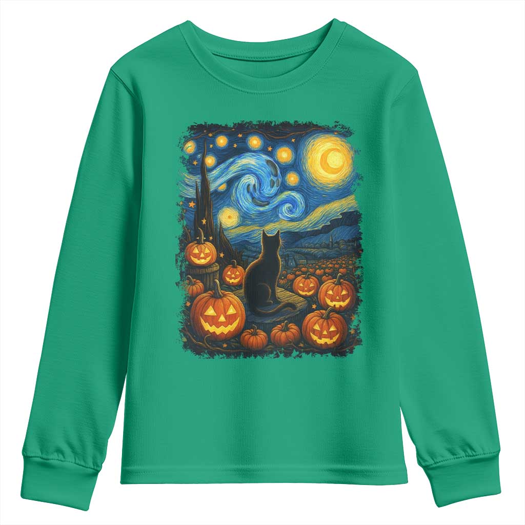 Halloween Cat Starry Night Van Gogh Cat Lovers Youth Sweatshirt - Wonder Print Shop