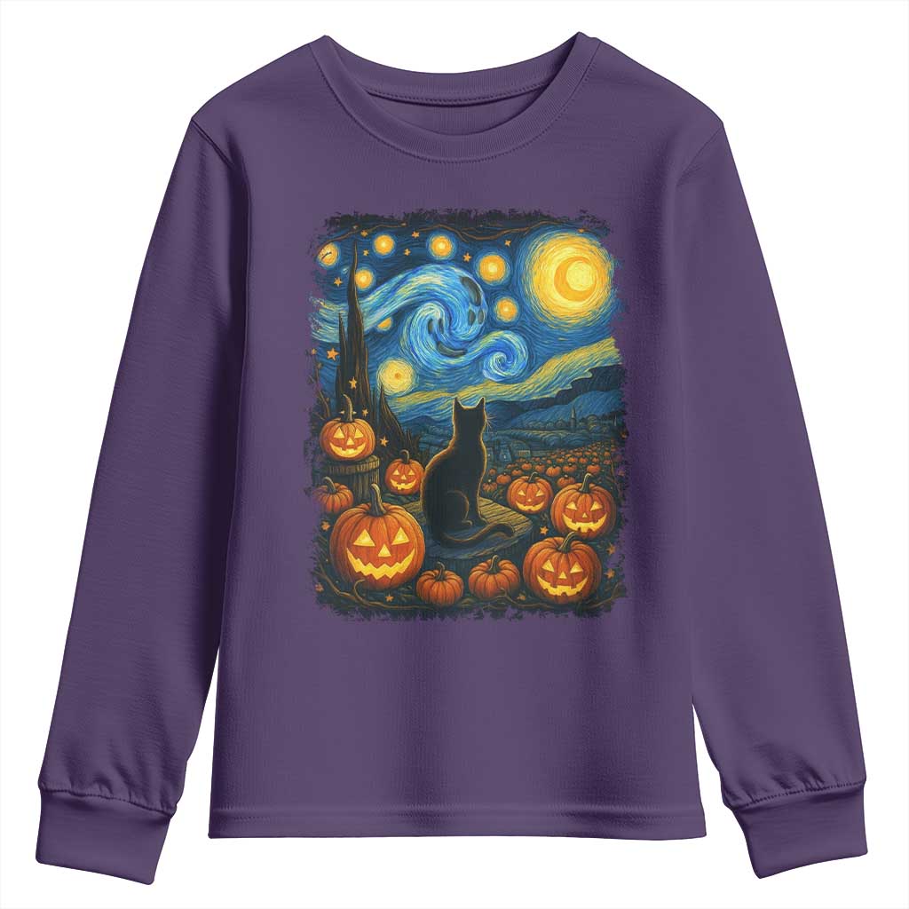 Halloween Cat Starry Night Van Gogh Cat Lovers Youth Sweatshirt - Wonder Print Shop