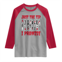 Funny Halloween Just The Tip I Promise Raglan Shirt Horror Movie Knives - Wonder Print Shop