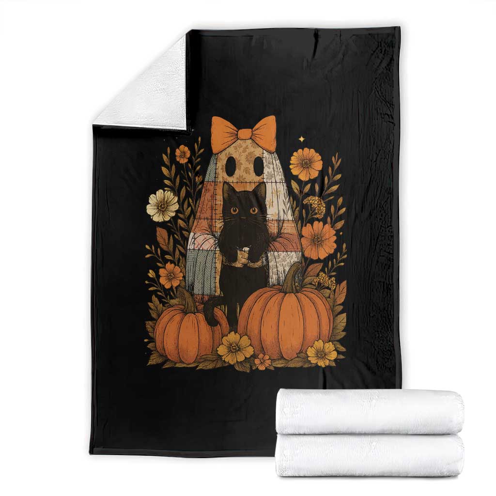 Halloween Vintage Patchwork Ghost Holding Black Cat Groovy Floral Throw Blanket - Wonder Print Shop