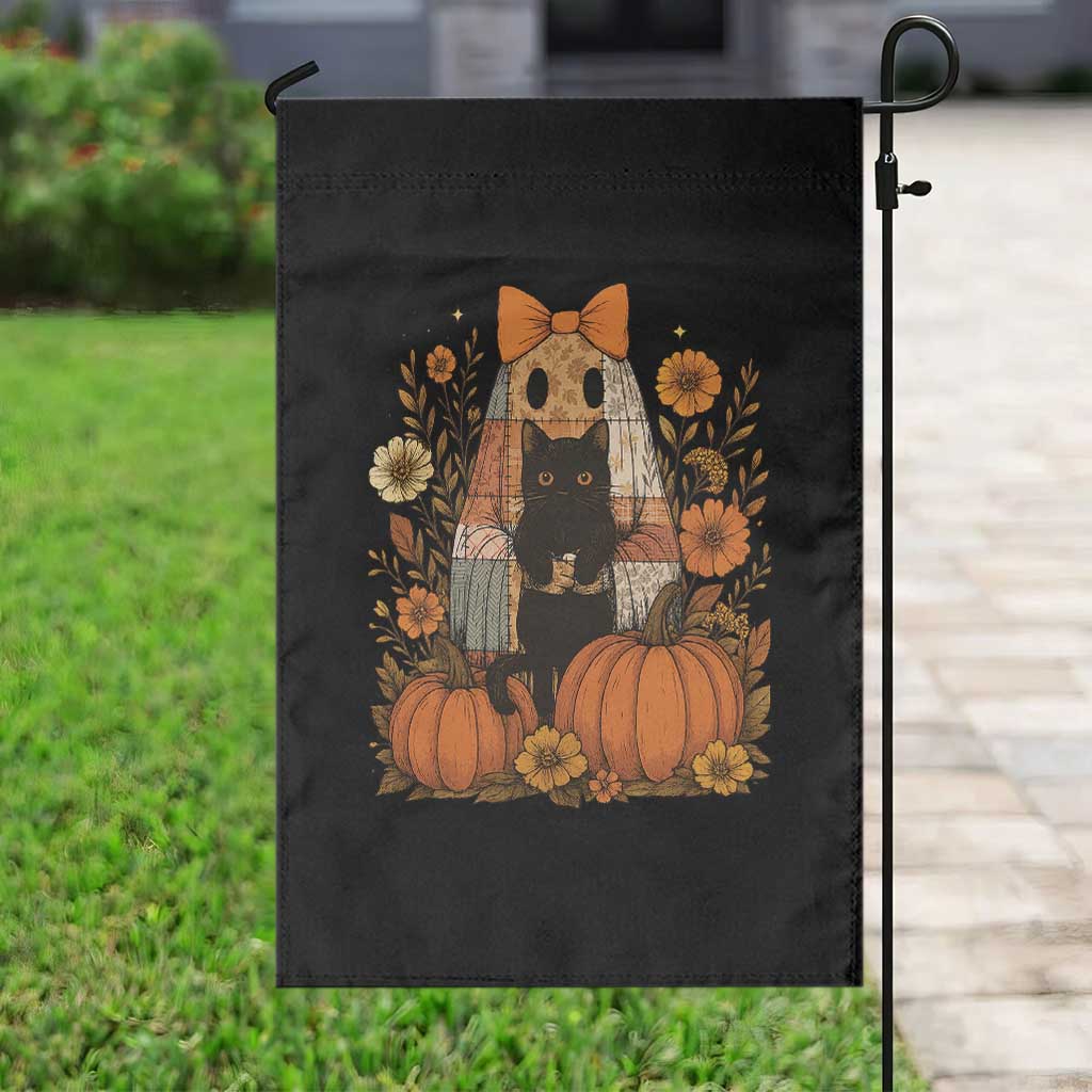Halloween Vintage Patchwork Ghost Holding Black Cat Groovy Floral Garden Flag - Wonder Print Shop