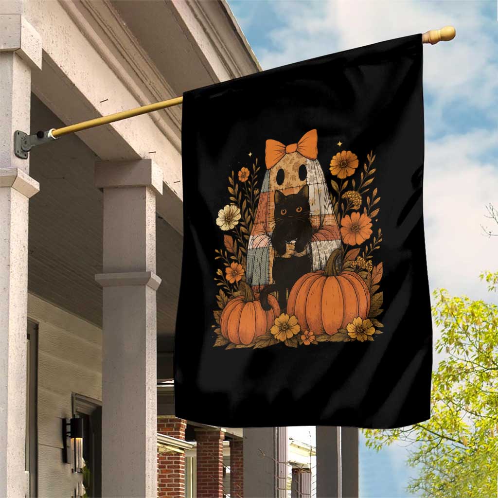Halloween Vintage Patchwork Ghost Holding Black Cat Groovy Floral Garden Flag - Wonder Print Shop