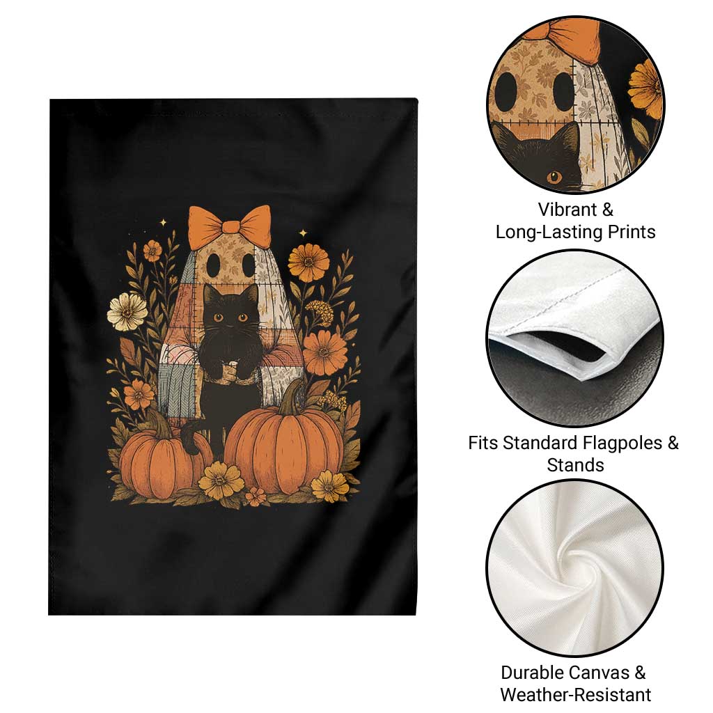 Halloween Vintage Patchwork Ghost Holding Black Cat Groovy Floral Garden Flag - Wonder Print Shop