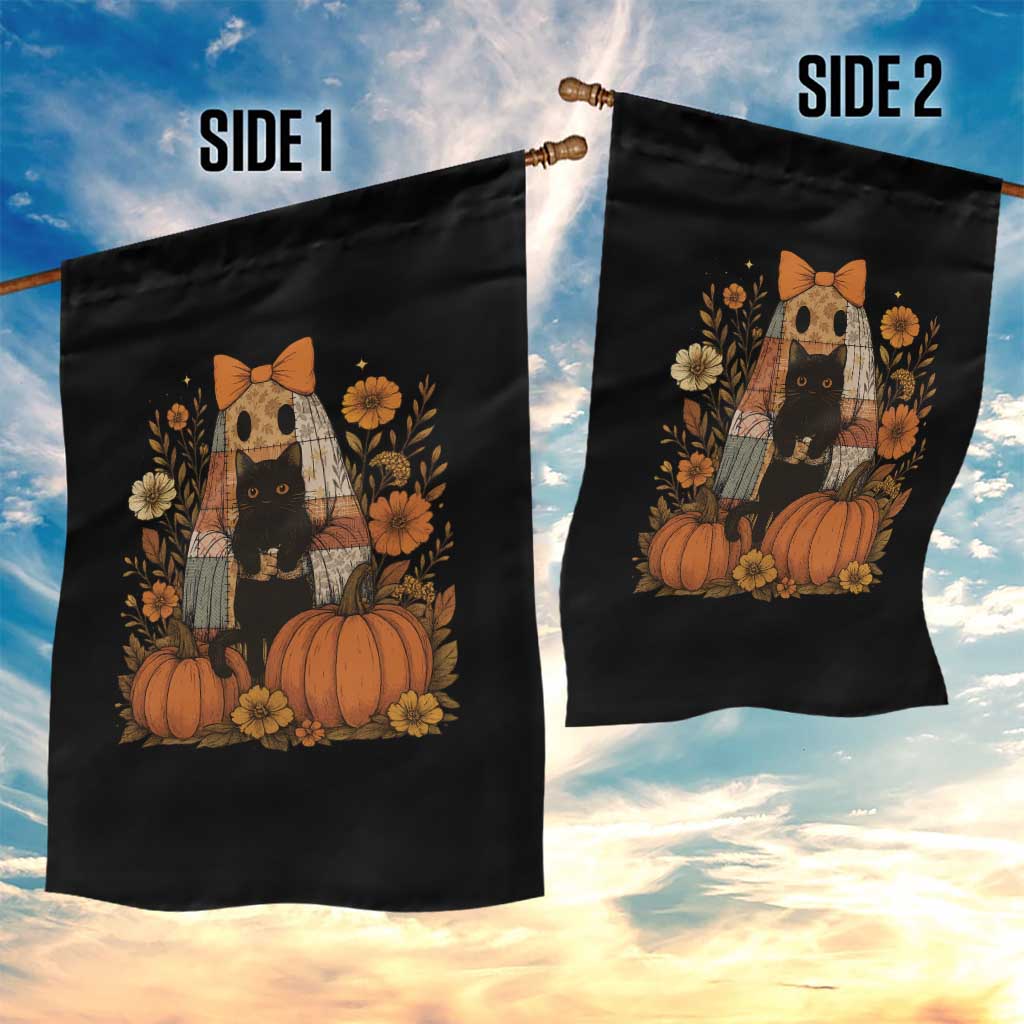 Halloween Vintage Patchwork Ghost Holding Black Cat Groovy Floral Garden Flag - Wonder Print Shop