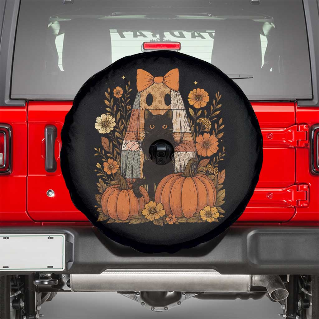 Halloween Vintage Patchwork Ghost Holding Black Cat Groovy Floral Spare Tire Cover - Wonder Print Shop