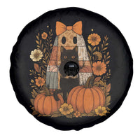 Halloween Vintage Patchwork Ghost Holding Black Cat Groovy Floral Spare Tire Cover - Wonder Print Shop