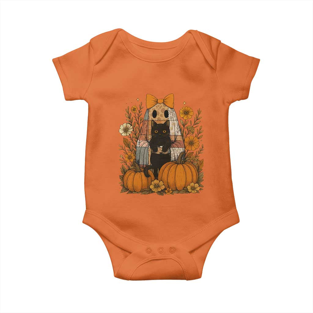 Halloween Vintage Patchwork Ghost Holding Black Cat Groovy Floral Baby Onesie - Wonder Print Shop