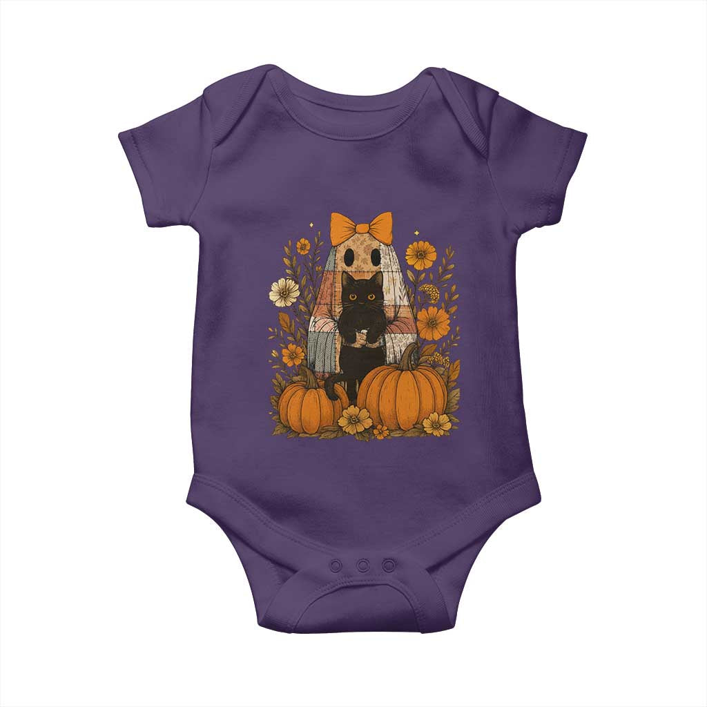 Halloween Vintage Patchwork Ghost Holding Black Cat Groovy Floral Baby Onesie - Wonder Print Shop