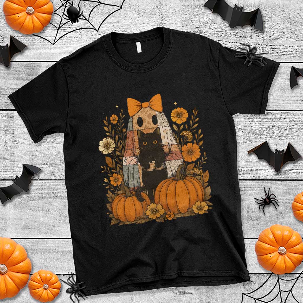 Halloween Vintage Patchwork Ghost Holding Black Cat Groovy Floral T Shirt - Wonder Print Shop