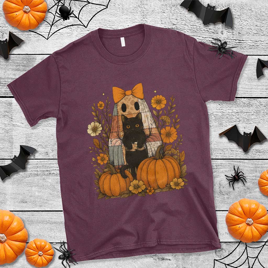 Halloween Vintage Patchwork Ghost Holding Black Cat Groovy Floral T Shirt - Wonder Print Shop