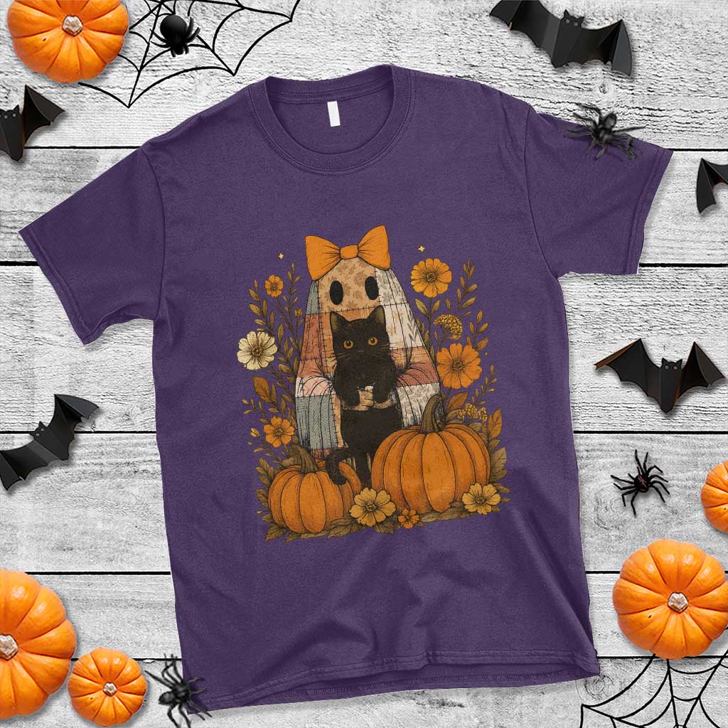 Halloween Vintage Patchwork Ghost Holding Black Cat Groovy Floral T Shirt - Wonder Print Shop
