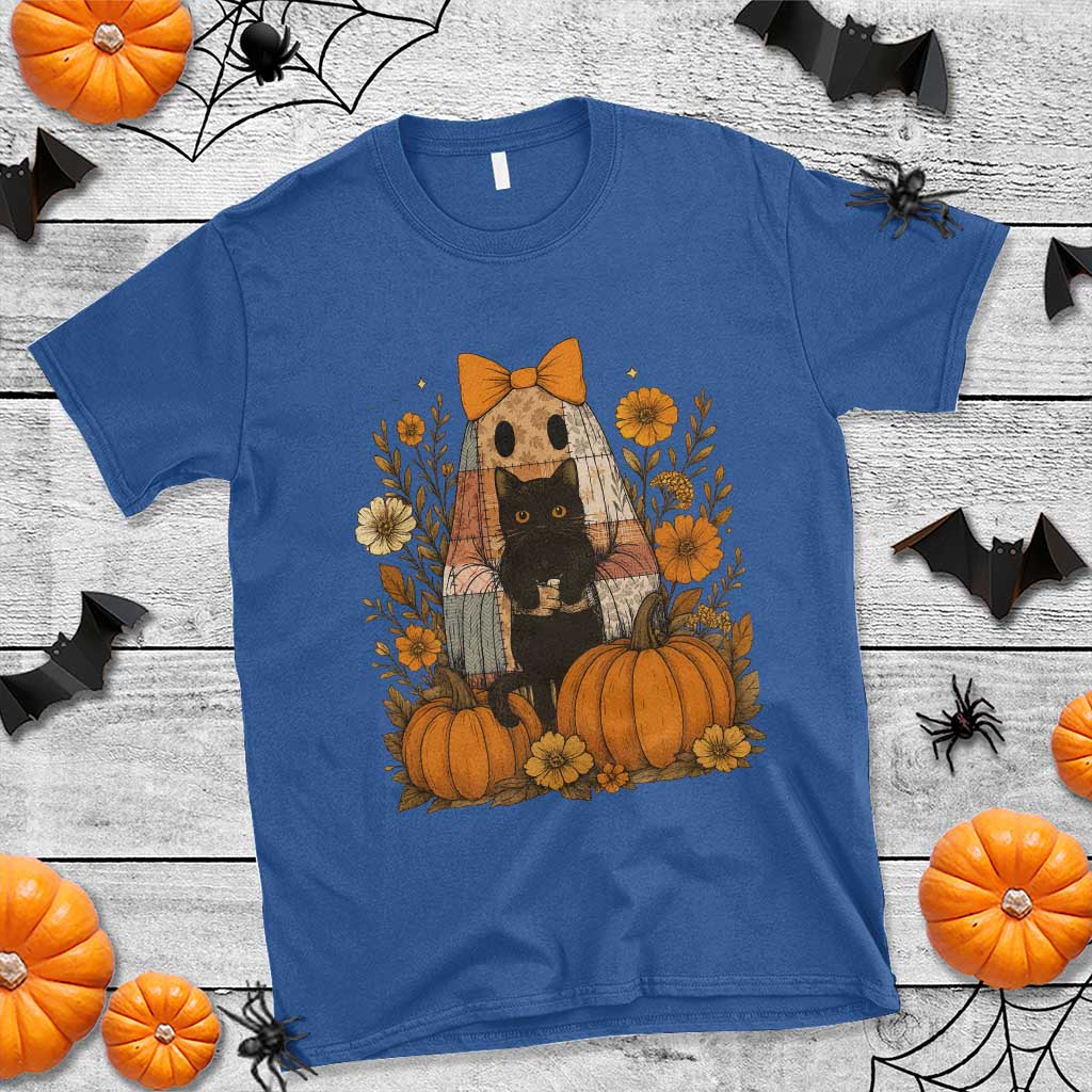Halloween Vintage Patchwork Ghost Holding Black Cat Groovy Floral T Shirt - Wonder Print Shop