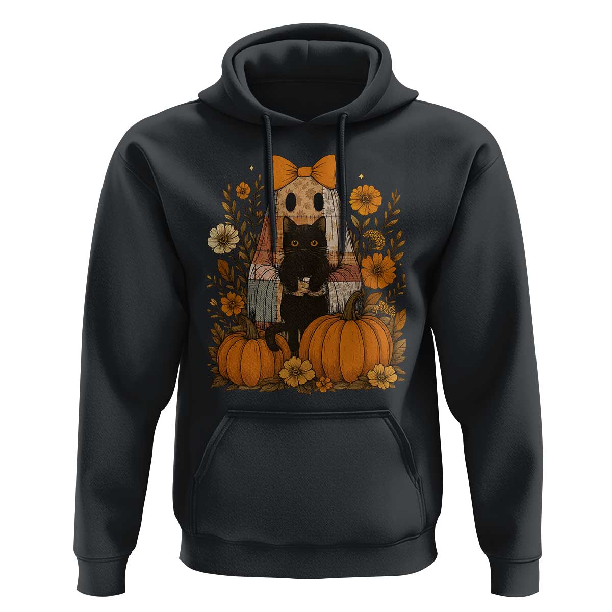 Halloween Vintage Patchwork Ghost Holding Black Cat Groovy Floral Hoodie - Wonder Print Shop