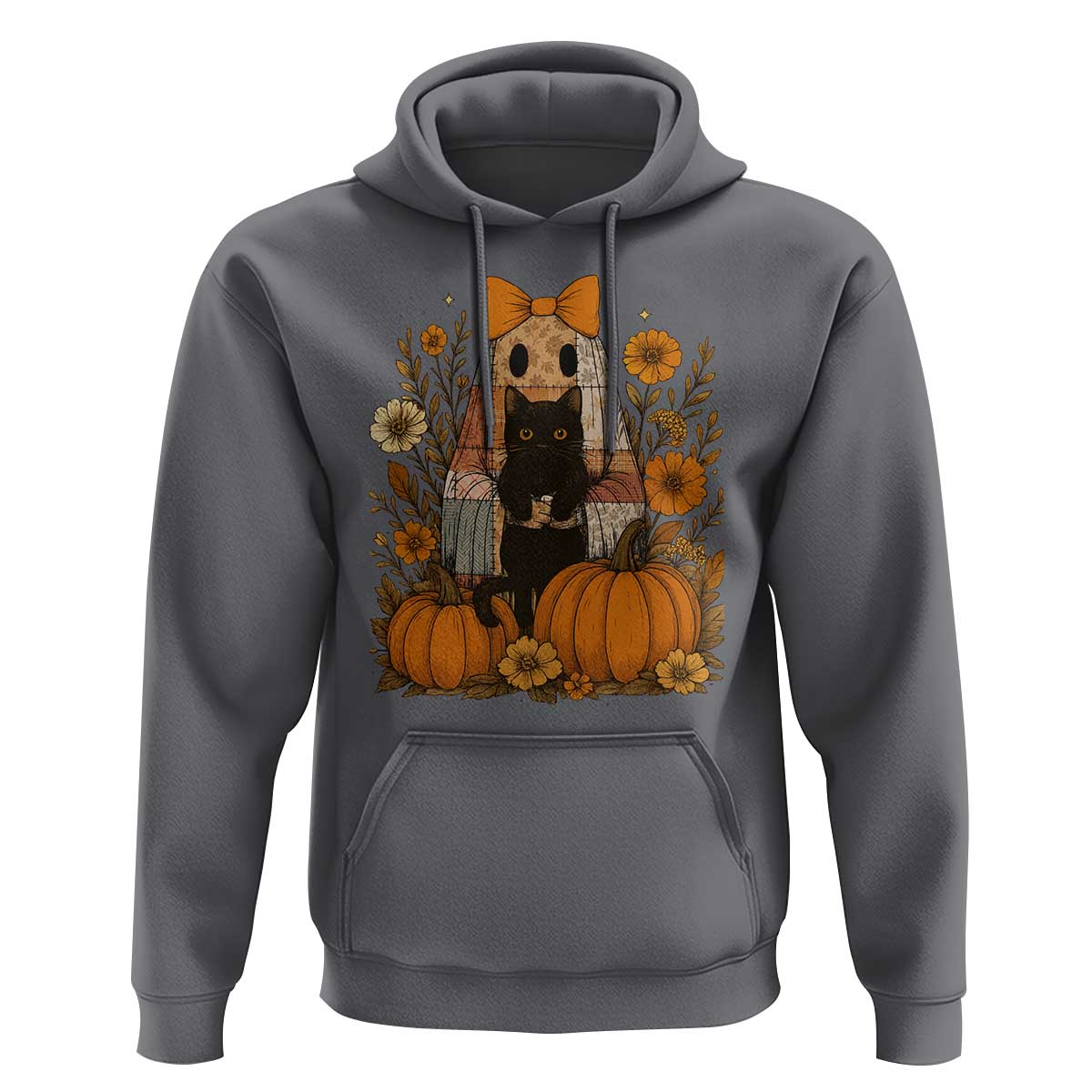 Halloween Vintage Patchwork Ghost Holding Black Cat Groovy Floral Hoodie - Wonder Print Shop