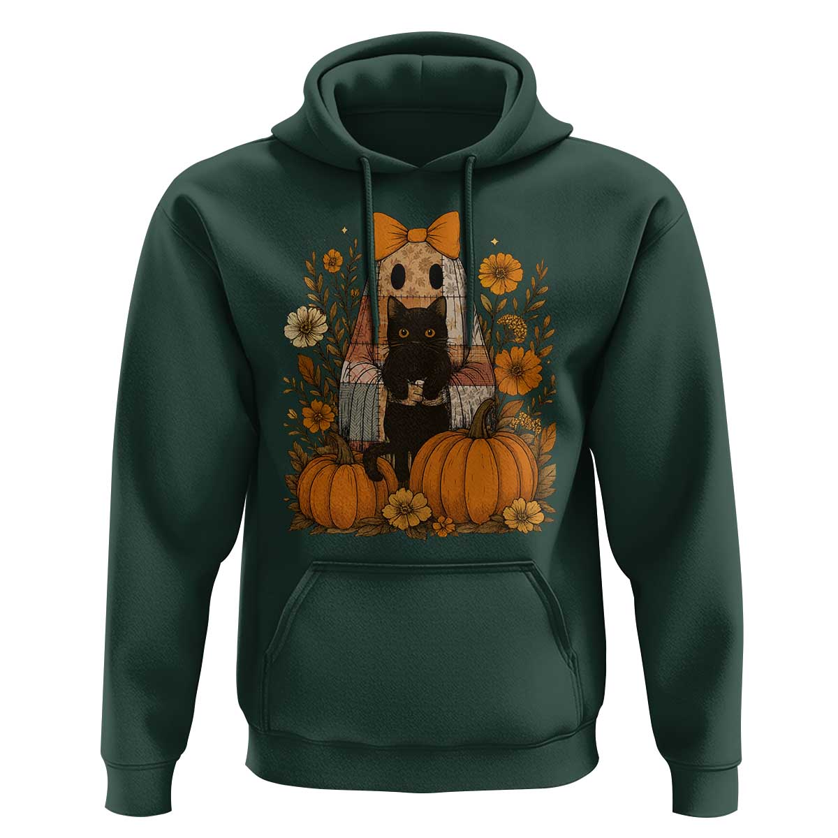 Halloween Vintage Patchwork Ghost Holding Black Cat Groovy Floral Hoodie - Wonder Print Shop