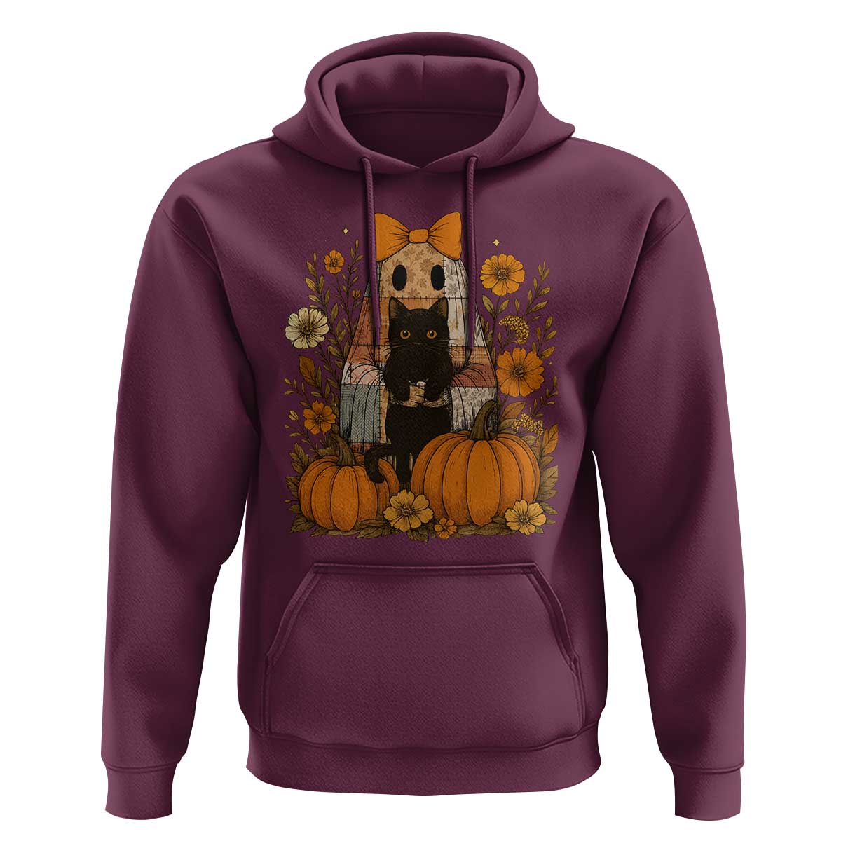Halloween Vintage Patchwork Ghost Holding Black Cat Groovy Floral Hoodie - Wonder Print Shop