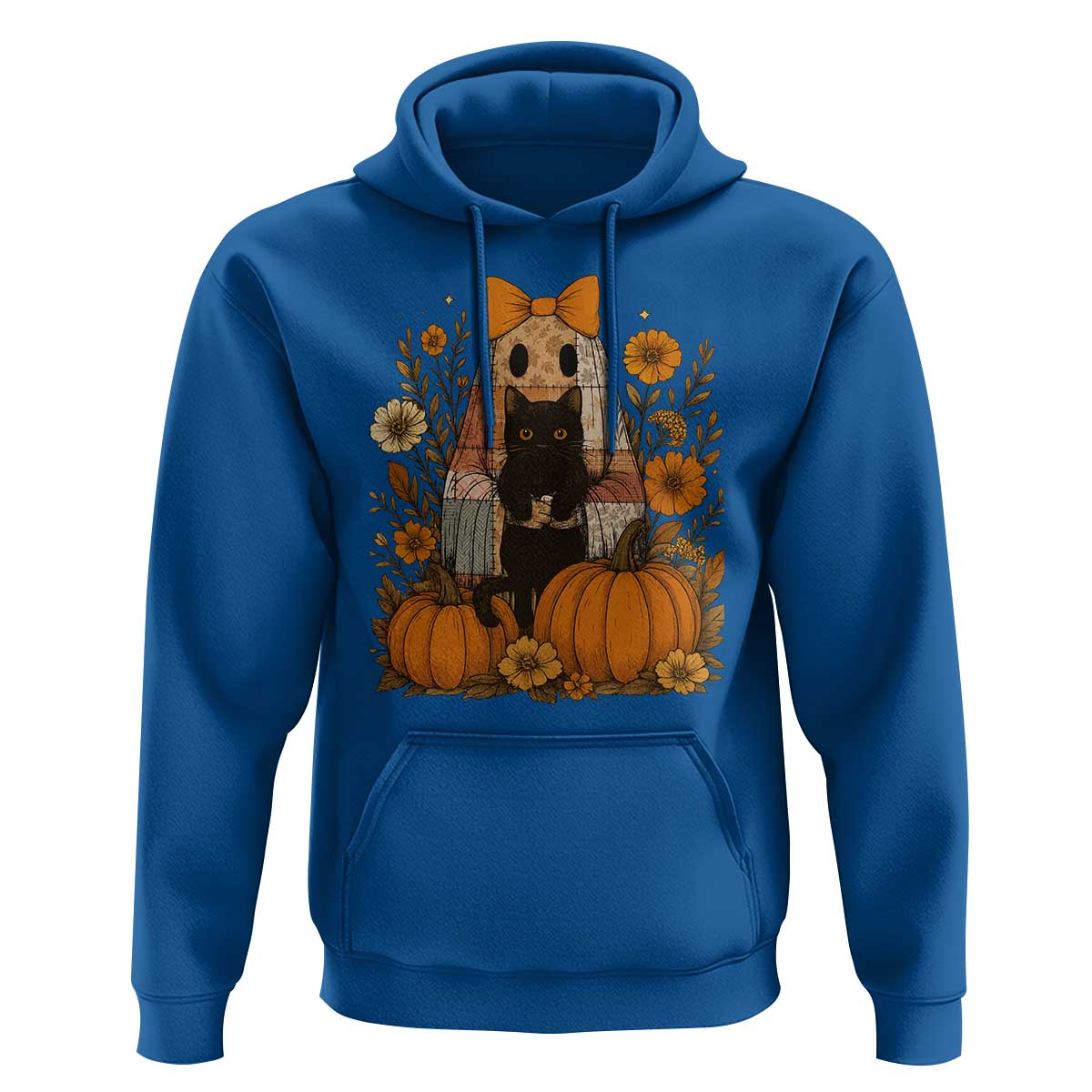 Halloween Vintage Patchwork Ghost Holding Black Cat Groovy Floral Hoodie - Wonder Print Shop