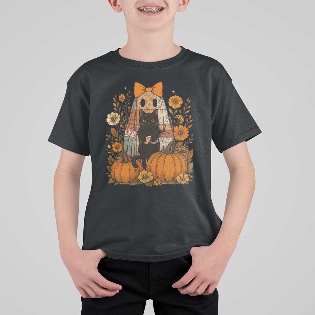 Halloween Vintage Patchwork Ghost Holding Black Cat Groovy Floral T Shirt For Kid - Wonder Print Shop