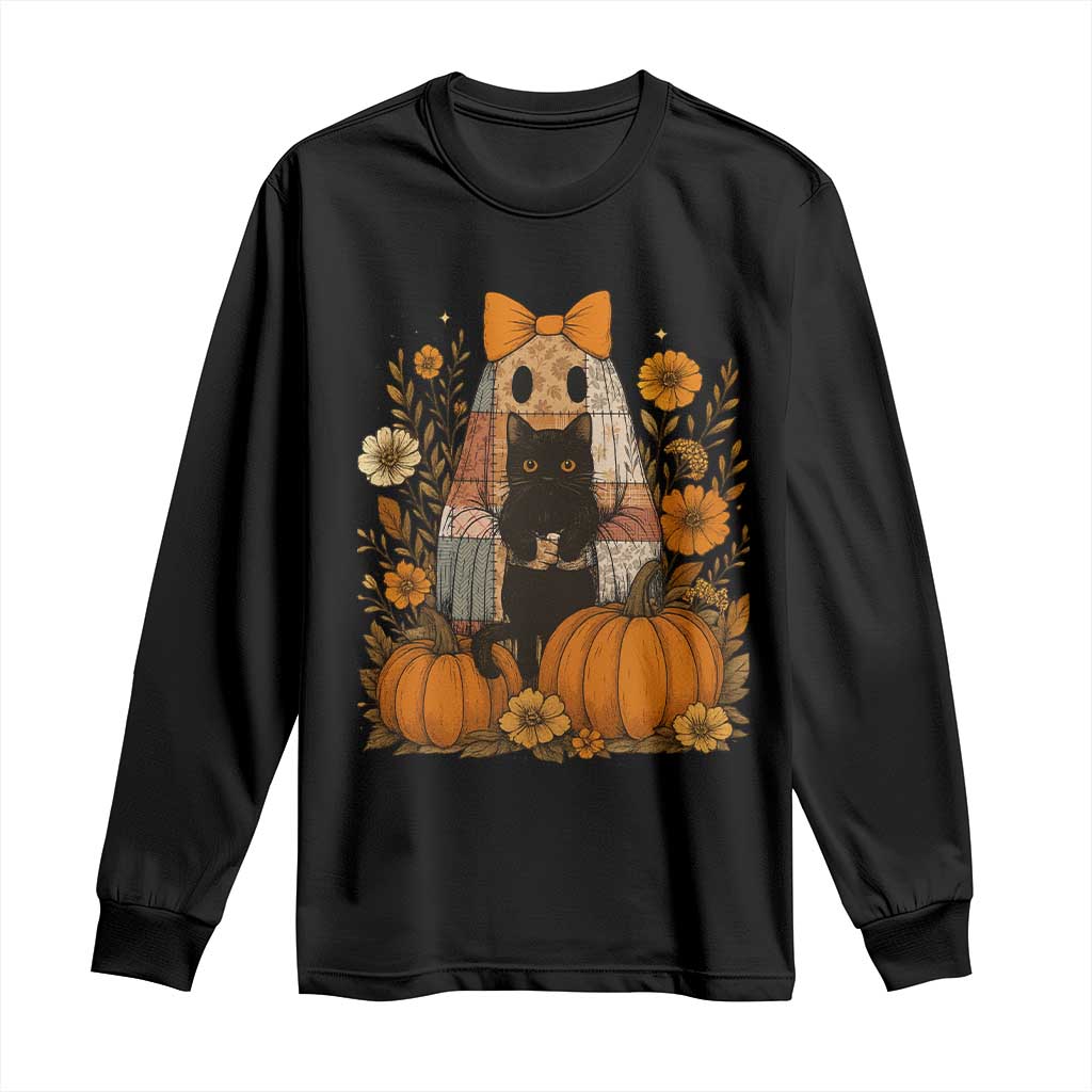 Halloween Vintage Patchwork Ghost Holding Black Cat Groovy Floral Long Sleeve Shirt - Wonder Print Shop