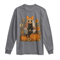 Halloween Vintage Patchwork Ghost Holding Black Cat Groovy Floral Long Sleeve Shirt - Wonder Print Shop