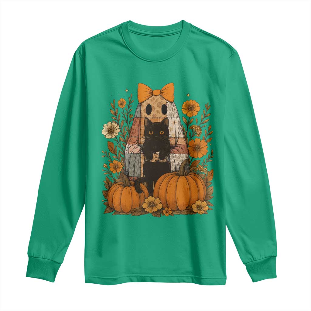 Halloween Vintage Patchwork Ghost Holding Black Cat Groovy Floral Long Sleeve Shirt - Wonder Print Shop