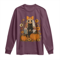 Halloween Vintage Patchwork Ghost Holding Black Cat Groovy Floral Long Sleeve Shirt - Wonder Print Shop