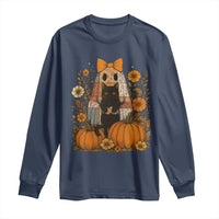 Halloween Vintage Patchwork Ghost Holding Black Cat Groovy Floral Long Sleeve Shirt - Wonder Print Shop