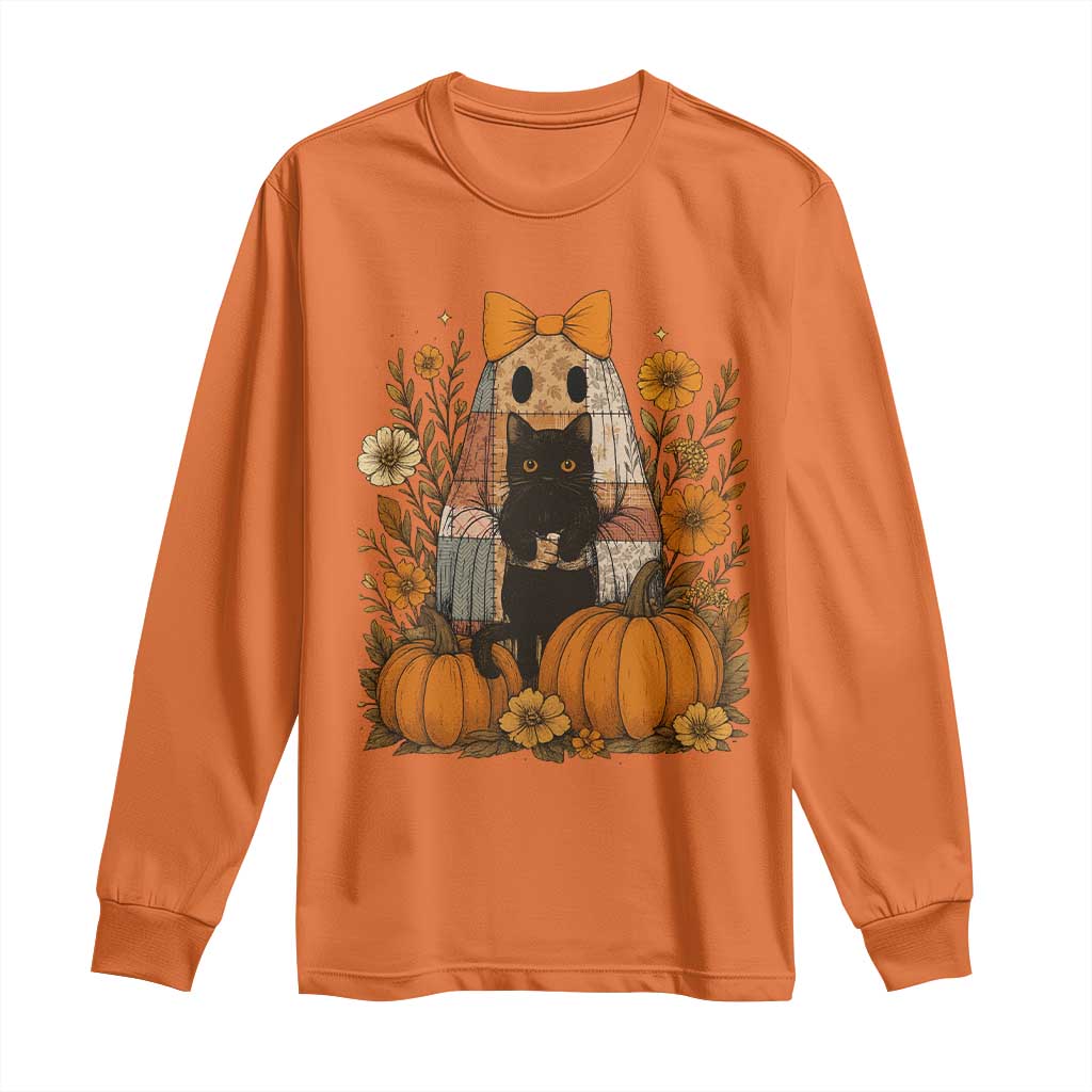 Halloween Vintage Patchwork Ghost Holding Black Cat Groovy Floral Long Sleeve Shirt - Wonder Print Shop