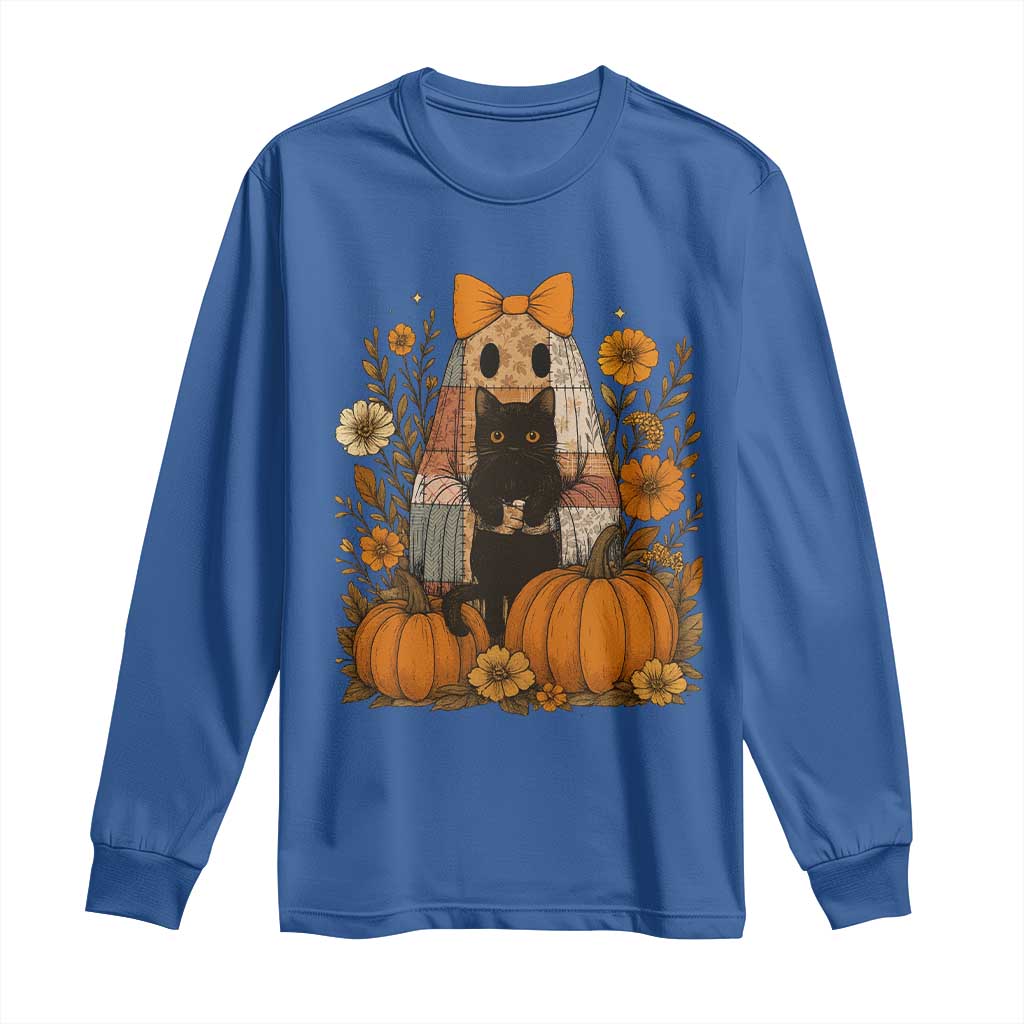 Halloween Vintage Patchwork Ghost Holding Black Cat Groovy Floral Long Sleeve Shirt - Wonder Print Shop