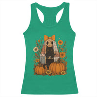 Halloween Vintage Patchwork Ghost Holding Black Cat Groovy Floral Racerback Tank Top - Wonder Print Shop