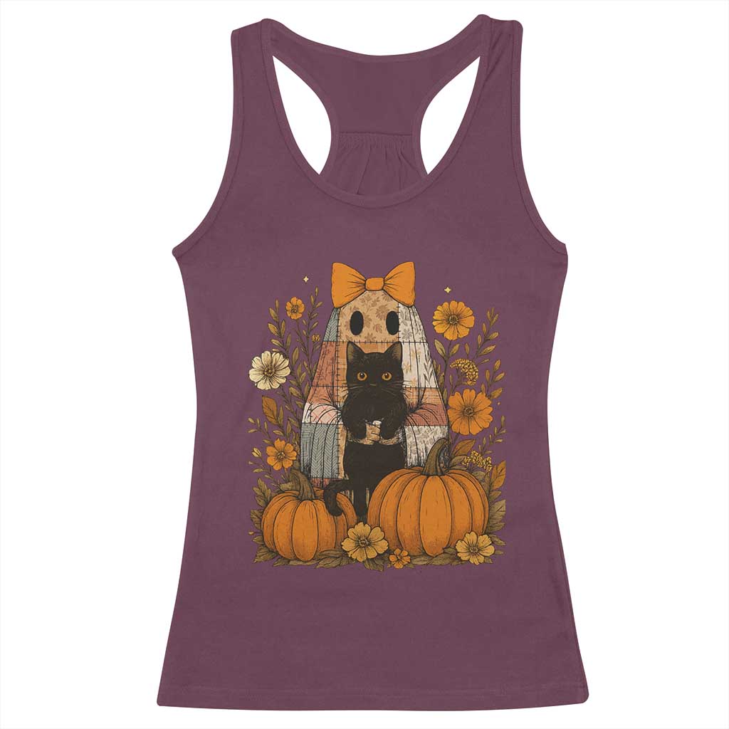 Halloween Vintage Patchwork Ghost Holding Black Cat Groovy Floral Racerback Tank Top - Wonder Print Shop