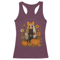 Halloween Vintage Patchwork Ghost Holding Black Cat Groovy Floral Racerback Tank Top - Wonder Print Shop