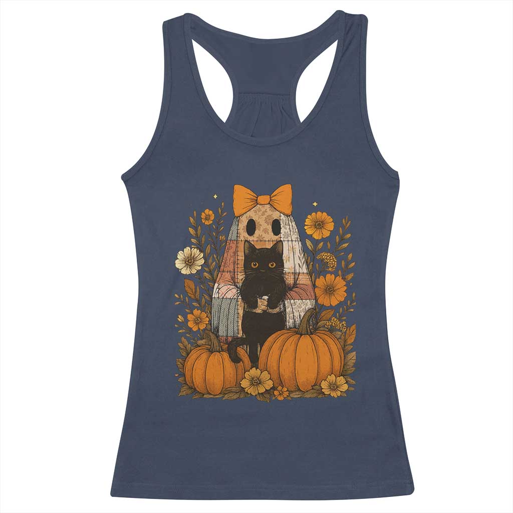 Halloween Vintage Patchwork Ghost Holding Black Cat Groovy Floral Racerback Tank Top - Wonder Print Shop