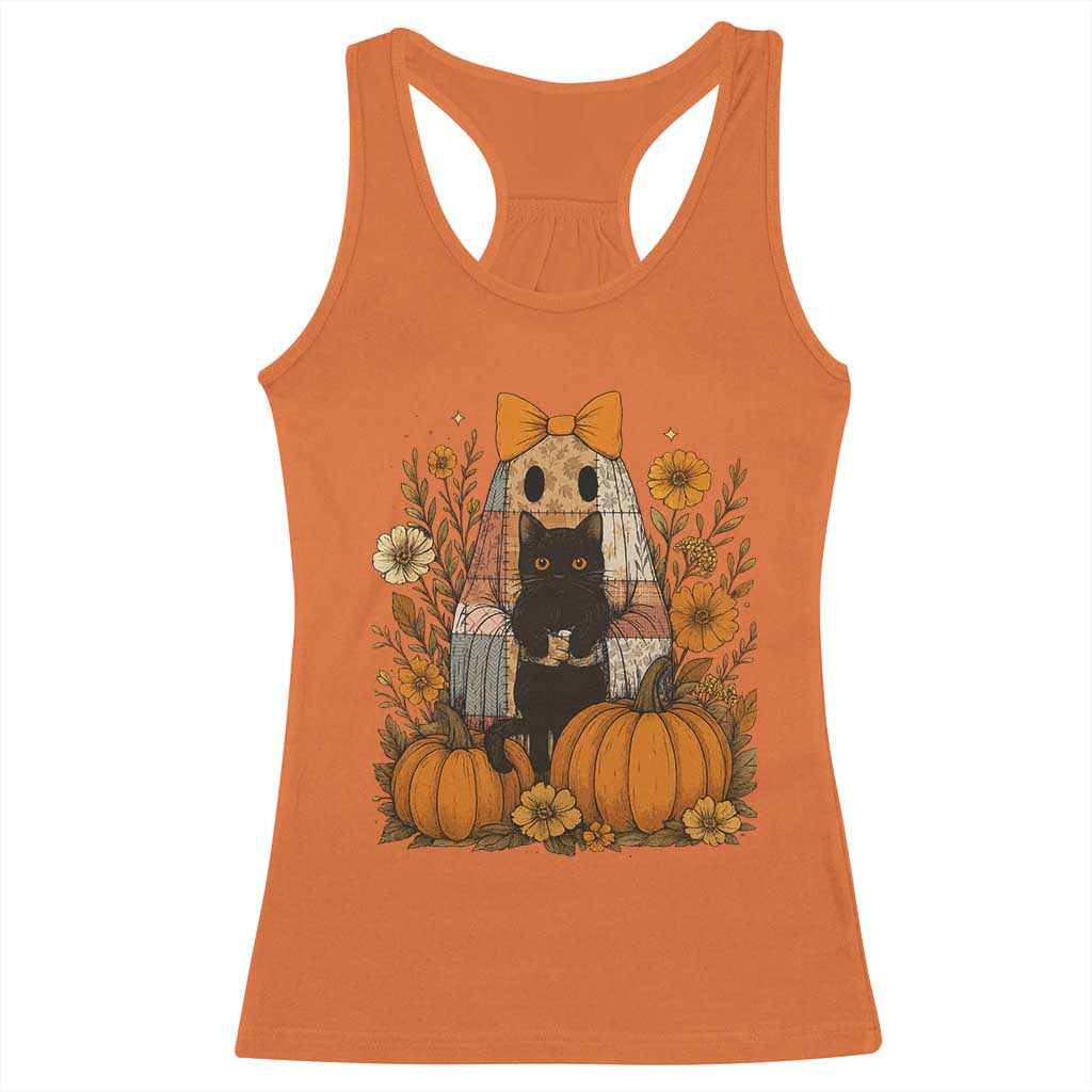 Halloween Vintage Patchwork Ghost Holding Black Cat Groovy Floral Racerback Tank Top - Wonder Print Shop