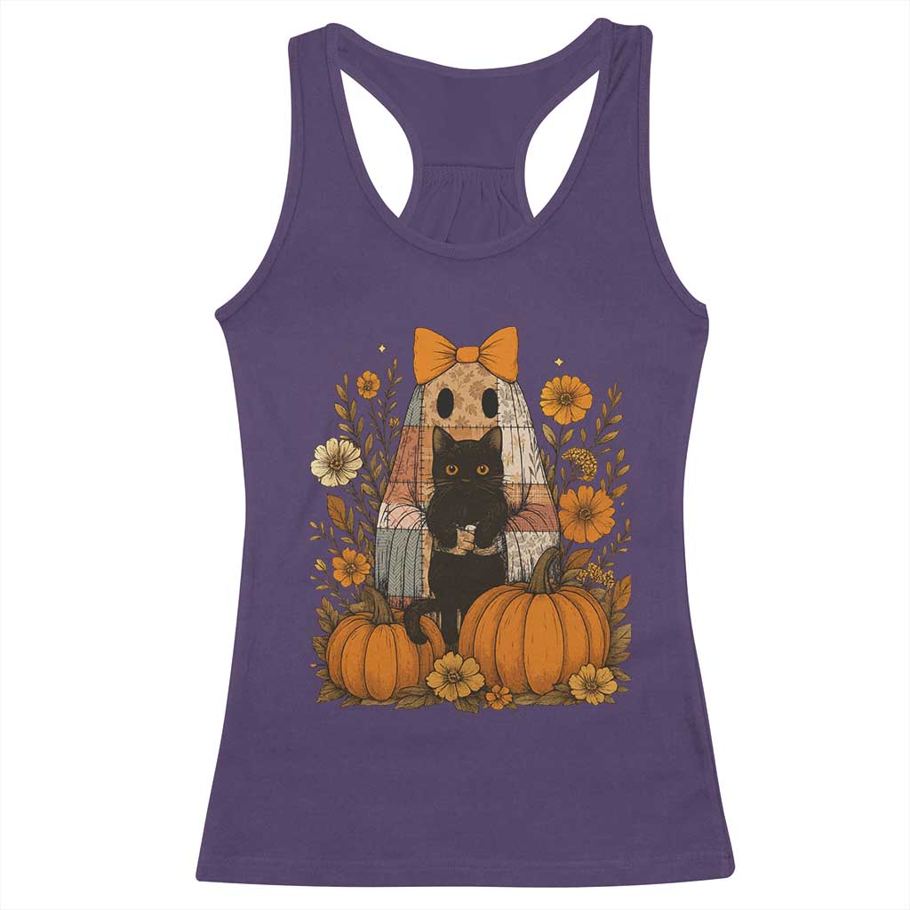 Halloween Vintage Patchwork Ghost Holding Black Cat Groovy Floral Racerback Tank Top - Wonder Print Shop