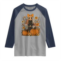Halloween Vintage Patchwork Ghost Holding Black Cat Groovy Floral Raglan Shirt - Wonder Print Shop
