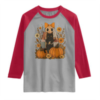 Halloween Vintage Patchwork Ghost Holding Black Cat Groovy Floral Raglan Shirt - Wonder Print Shop